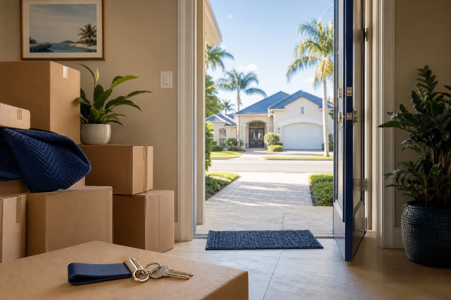 Packed South Florida home with keys and another home visible through the open door