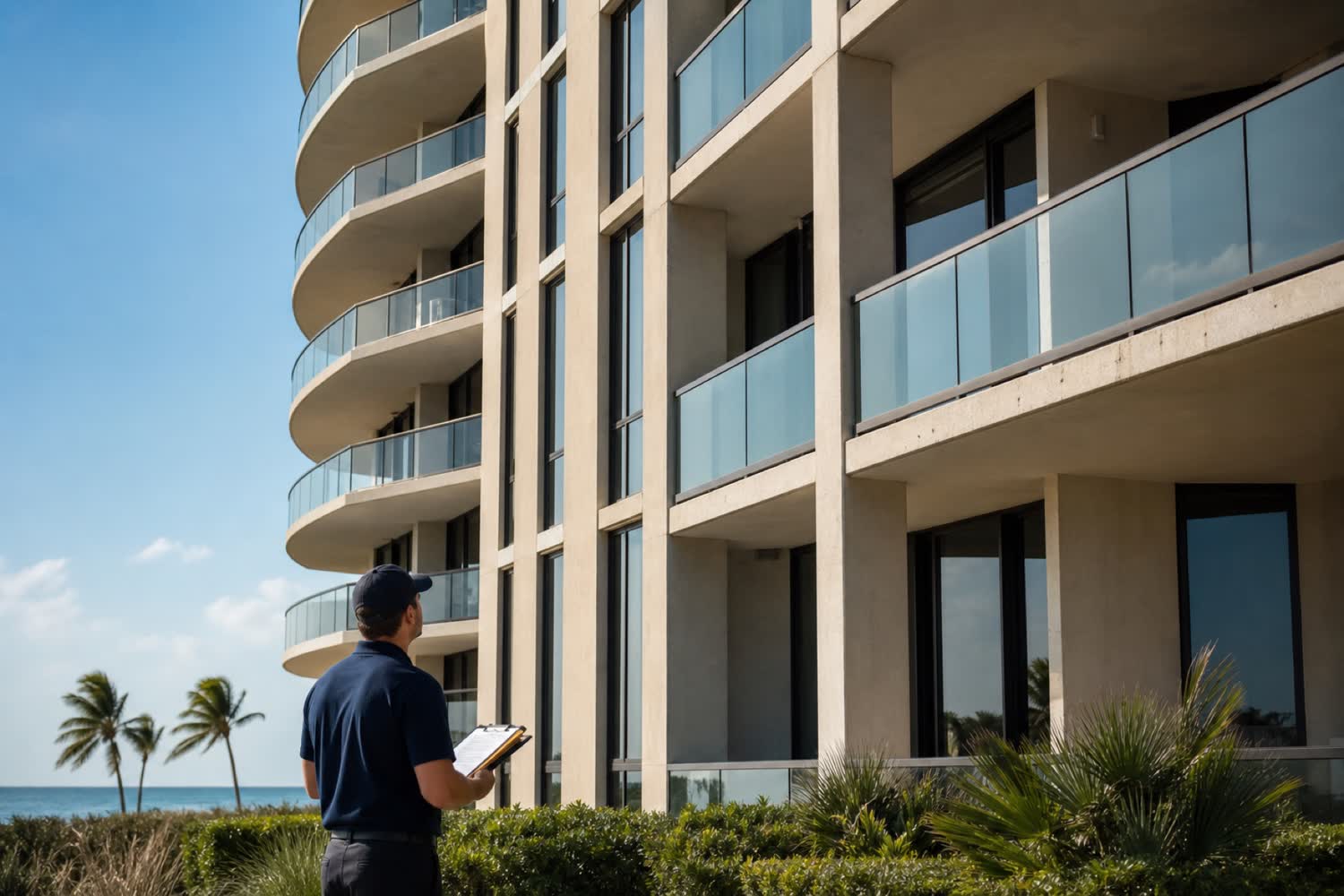 Inspector reviewing the exterior of a South Florida coastal condominium