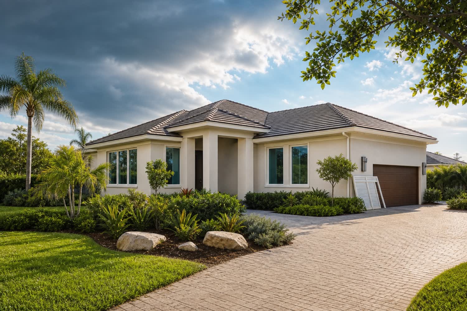 Prepared South Florida home with a hip roof and impact windows after summer rain